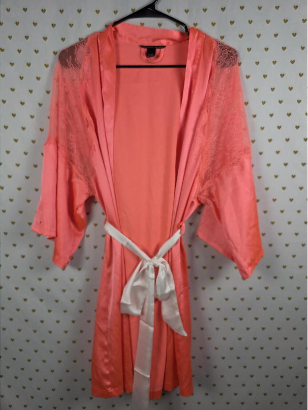 Victorias Secret Satin Silky Robe Orange Lace Panel MEDIUM LARGE